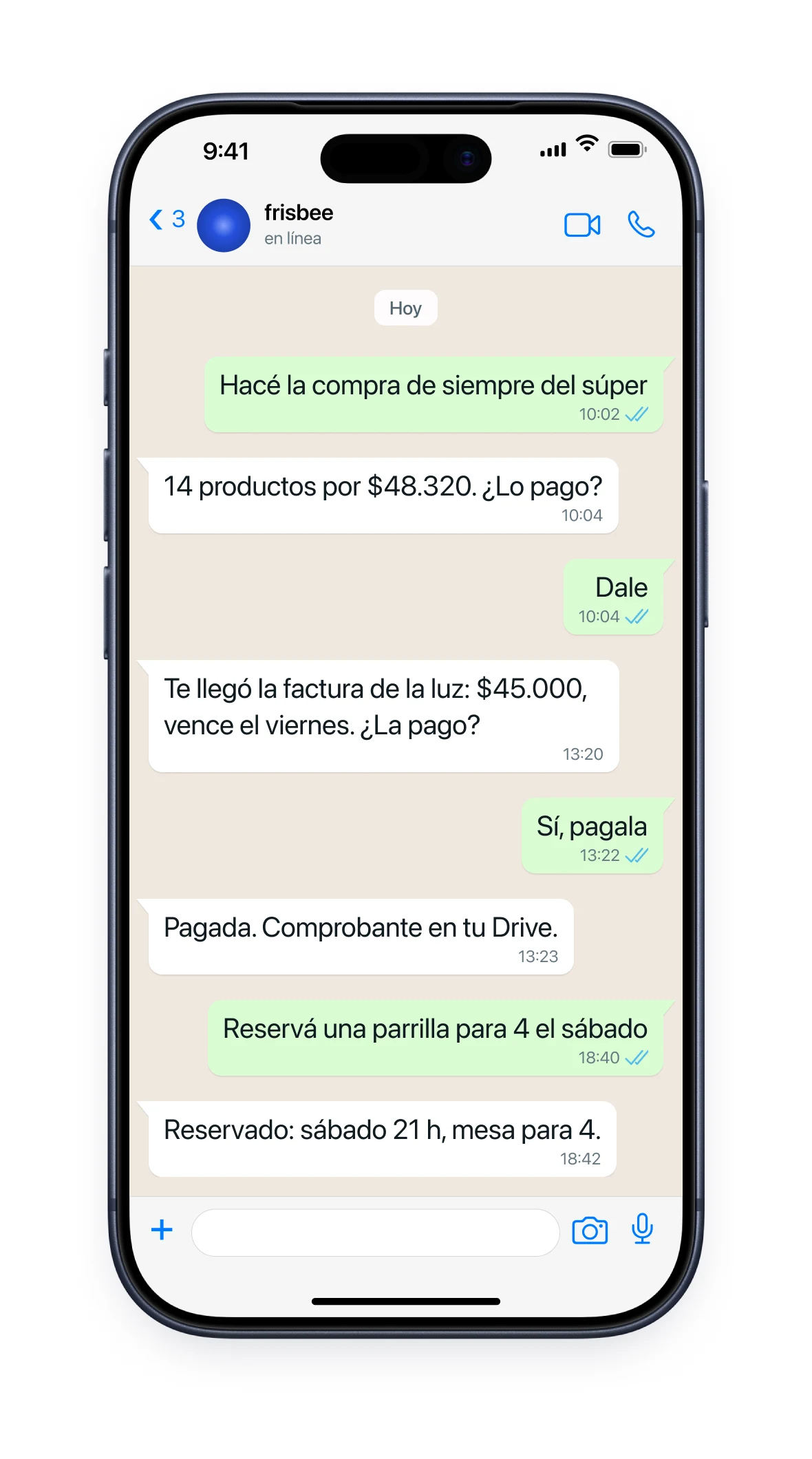 Chat de WhatsApp con frisbee: hace la compra del súper, paga la factura de la luz y reserva una parrilla.